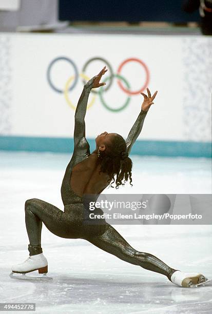 Surya Bonaly of France performing in the ladies skating event during the Winter Olympic Games in Lillehammer, Norway, circa February 1994.