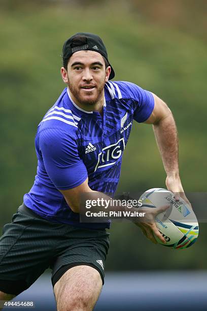 Nehe Milner-Skudder of the All Blacks runs during a New Zealand All Blacks training session at Pennyhill Park on October 27, 2015 in Bagshot, United...