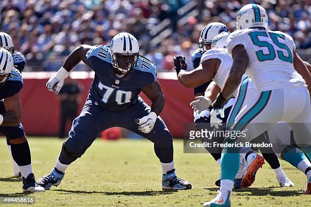 Chance Warmack of the Tennessee Titans plays against the Miami Dolphins during a game at Nissan Stadium on October 18, 2015 in Nashville, Tennessee.