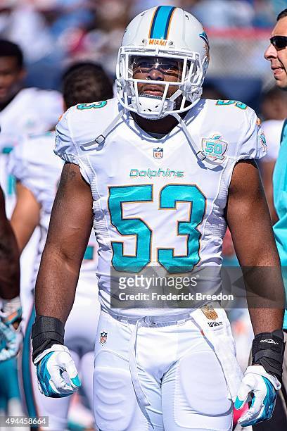 Jelani Jenkins of the Miami Dolphins watches from the sideline during a game against the Tennessee Titans during a game at Nissan Stadium on October...