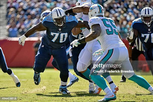 Chance Warmack of the Tennessee Titans plays against the Miami Dolphins during a game at Nissan Stadium on October 18, 2015 in Nashville, Tennessee.