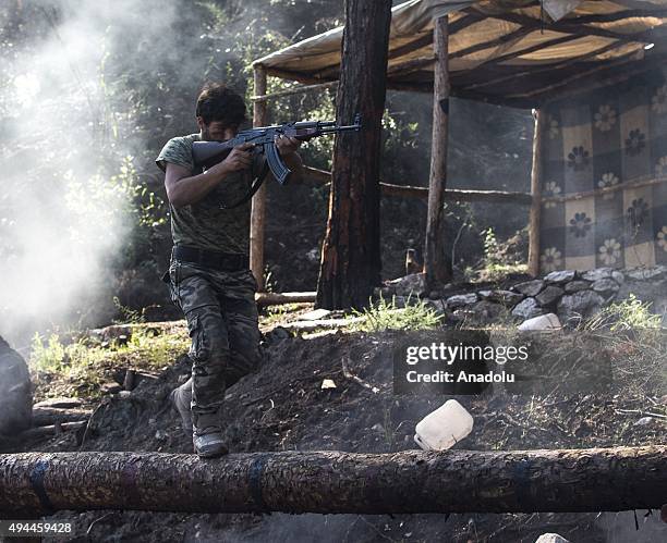 Turkmen soldiers seen in training in the Bayirbucak region in northern Latakia province of Syria on October 27, 2015. Turkmen, mostly live in the...