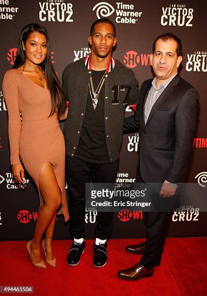 Elaina Watley, Victor Cruz and Stephen Espinoza attend the premiere of Showtimes "I AM GIANT: VICTOR CRUZ" at Crosby Street Hotel on October 26, 2015...