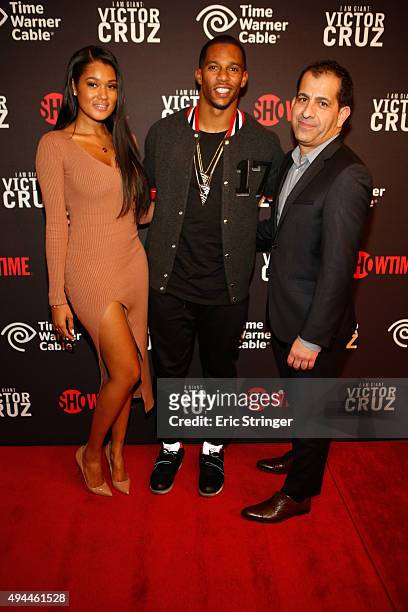 Elaina Watley, Victor Cruz and Stephen Espinoza attend the premiere of Showtimes "I AM GIANT: VICTOR CRUZ" at Crosby Street Hotel on October 26, 2015...