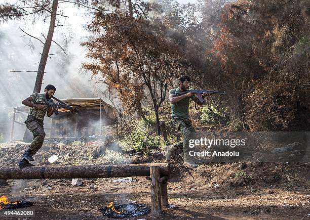 Turkmen soldiers seen in training in the Bayirbucak region in northern Latakia province of Syria on October 27, 2015. Turkmen, mostly live in the...