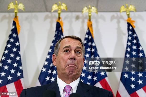 House Speaker John Boehner, a Republican from Ohio, pauses while speaking during a news conference after a House Republican meeting in the basement...