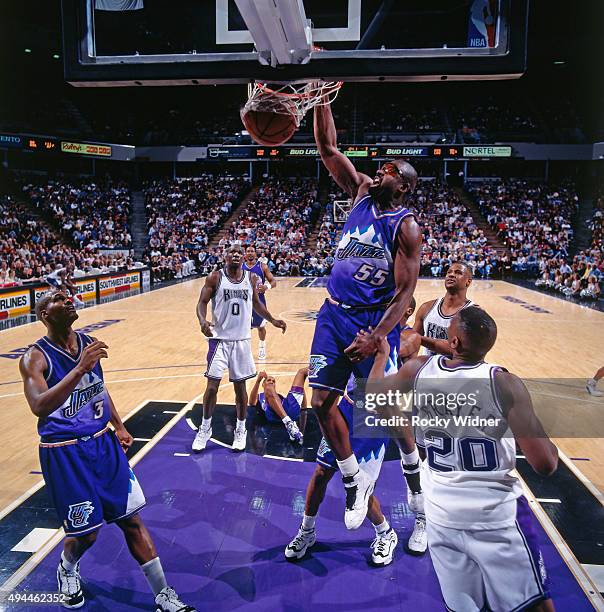 Antoine Carr of the Utah Jazz dunks against the Sacramento Kings circa 1997 at Arco Arena in Sacramento, California. NOTE TO USER: User expressly...