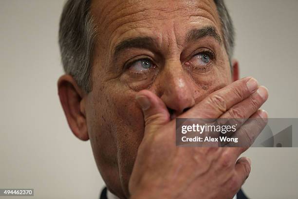 Speaker of the House Rep. John Boehner listens during a news briefing after a House Republican Caucus meeting October 27, 2015 at the Capitol in...