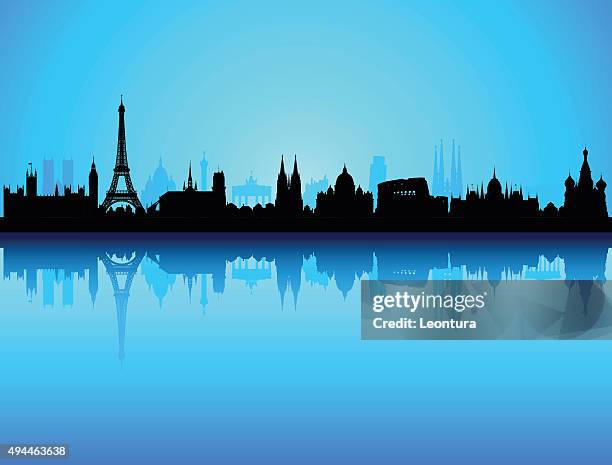 illustrazioni stock, clip art, cartoni animati e icone di tendenza di dettagliate sullo skyline di europa (ogni edificio è completa e mobili) - skyline roma