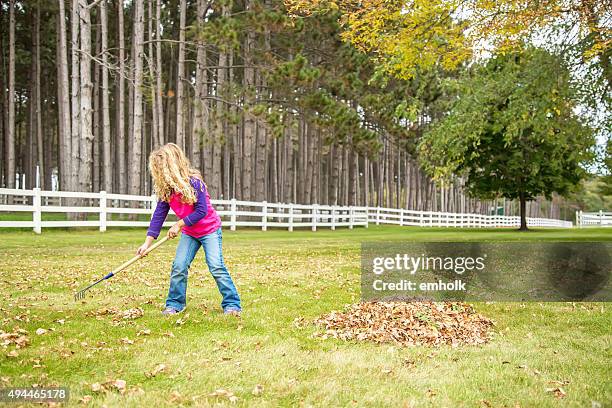 side view of young girl raking autumn leaves - girl mound stock pictures, royalty-free photos & images