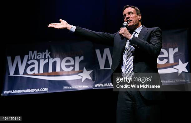 Sen. Mark Warner speaks during his re-election kickoff rally May 29, 2014 in Arlington, Virginia. Warner is likely to face former Republican National...