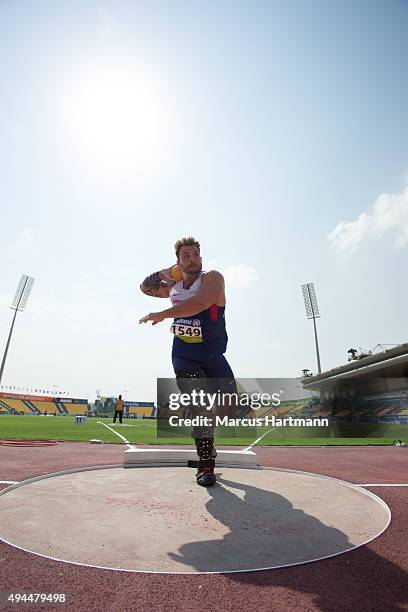 Aled Davies of Great Britain competes in the the men's shot put T42 at Suhaim Bin Hamad Stadium on October 23, 2015 in Doha, Qatar.