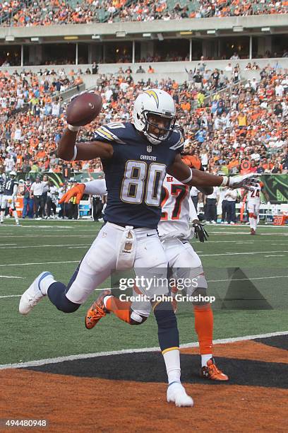 Malcom Floyd of the San Diego Chargers celebrates a touchdown during the game against the Cincinnati Bengals at Paul Brown Stadium on September 20,...