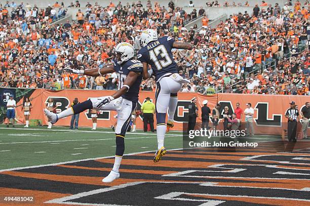 Malcom Floyd and Keenan Allen of the San Diego Chargers celebrate a touchdown during their game against the Cincinnati Bengals at Paul Brown Stadium...