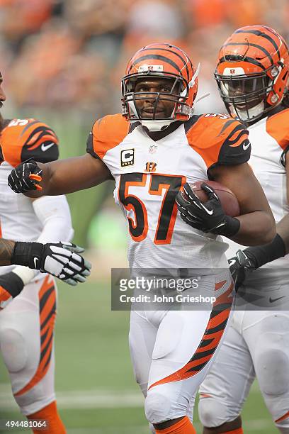 Vincent Rey of the Cincinnati Bengals celebrates a play during the game against the San Diego Chargers at Paul Brown Stadium on September 20, 2015 in...