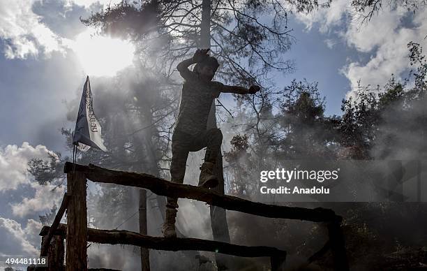 Turkmen soldiers seen in training in the Bayirbucak region in northern Latakia province of Syria on October 27, 2015. Turkmen, mostly live in the...