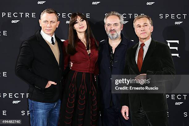 Actor Daniel Craig, Monica Bellucci, director Sam Mendes and Christoph Waltz attend a photocall for 'Spectre' at Hotel St Regis on October 27, 2015...