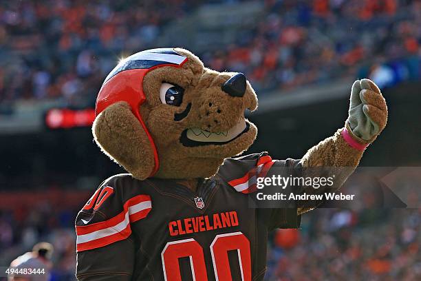 Chomps mascot of the Cleveland Browns against the Denver Broncos at Cleveland Browns Stadium on October 18, 2015 in Cleveland, Ohio. Broncos defeated...