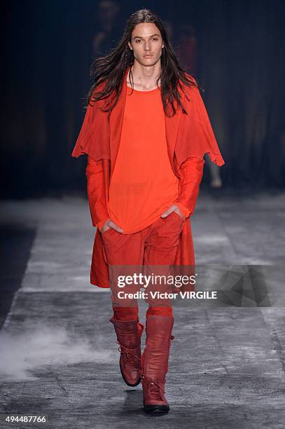 Model walks the runway at the Ratier fashion show during the Sao Paulo Fashion Week Fall/Winter 2016 on October 23, 2015 in Sao Paulo, Brazil.