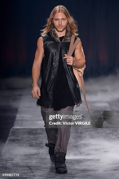 Model walks the runway at the Ratier fashion show during the Sao Paulo Fashion Week Fall/Winter 2016 on October 23, 2015 in Sao Paulo, Brazil.