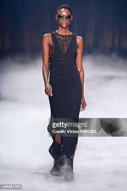 Model walks the runway at the Ratier fashion show during the Sao Paulo Fashion Week Fall/Winter 2016 on October 23, 2015 in Sao Paulo, Brazil.