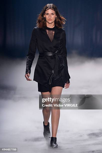 Model walks the runway at the Ratier fashion show during the Sao Paulo Fashion Week Fall/Winter 2016 on October 23, 2015 in Sao Paulo, Brazil.