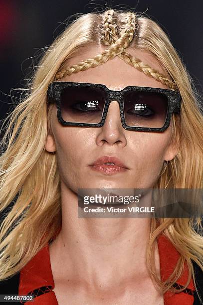Model walks the runway at the Ratier fashion show during the Sao Paulo Fashion Week Fall/Winter 2016 on October 23, 2015 in Sao Paulo, Brazil.