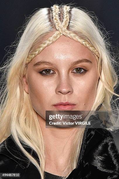 Model walks the runway at the Ratier fashion show during the Sao Paulo Fashion Week Fall/Winter 2016 on October 23, 2015 in Sao Paulo, Brazil.