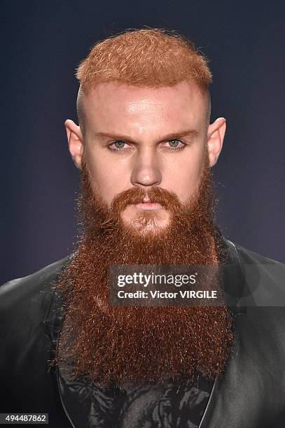 Model walks the runway at the Ratier fashion show during the Sao Paulo Fashion Week Fall/Winter 2016 on October 23, 2015 in Sao Paulo, Brazil.