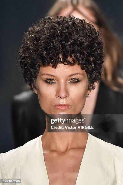 Model walks the runway at the Ratier fashion show during the Sao Paulo Fashion Week Fall/Winter 2016 on October 23, 2015 in Sao Paulo, Brazil.