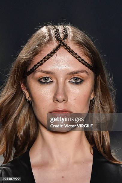 Model walks the runway at the Ratier fashion show during the Sao Paulo Fashion Week Fall/Winter 2016 on October 23, 2015 in Sao Paulo, Brazil.