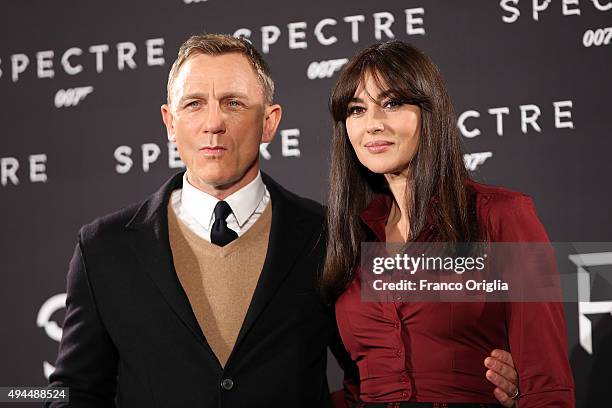 Daniel Craig and Monica Bellucci attend a photocall for 'Spectre' on October 27, 2015 in Rome, Italy.