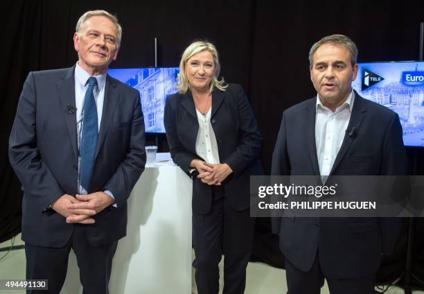 The three main candidates for the regional elections in the Nord-Pas-de-Calais-Picardie region Pierre de Saintignon Marine Le Pen and Xavier Bertrand...