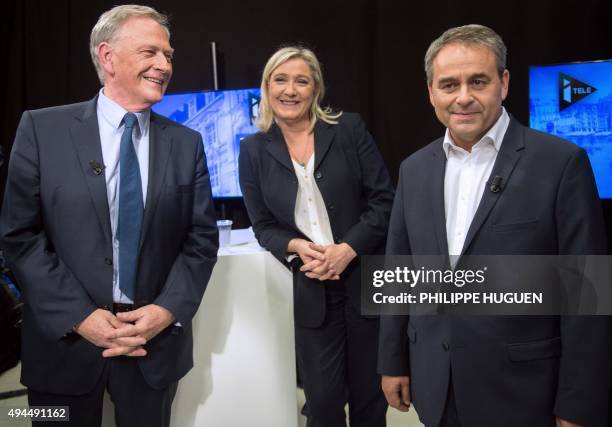 The three main candidates for the regional elections in the Nord-Pas-de-Calais-Picardie region Pierre de Saintignon Marine Le Pen and Xavier Bertrand...