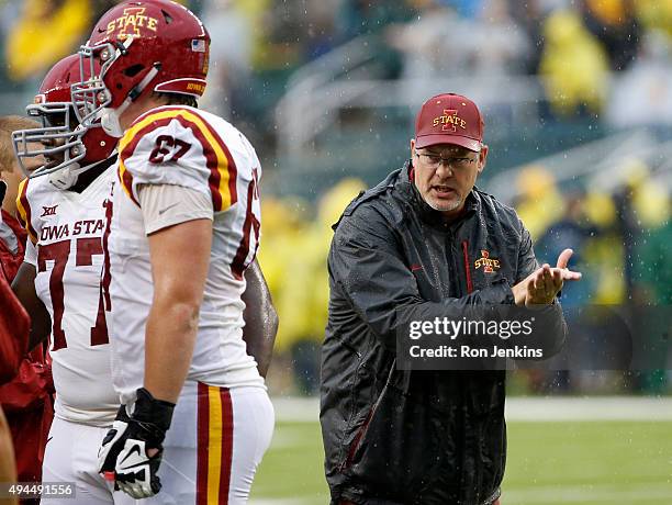 Iowa State head coach Paul Rhoads works with his team against the Baylor Bears in the first half at McLane Stadium on October 24, 2015 in Waco, Texas.