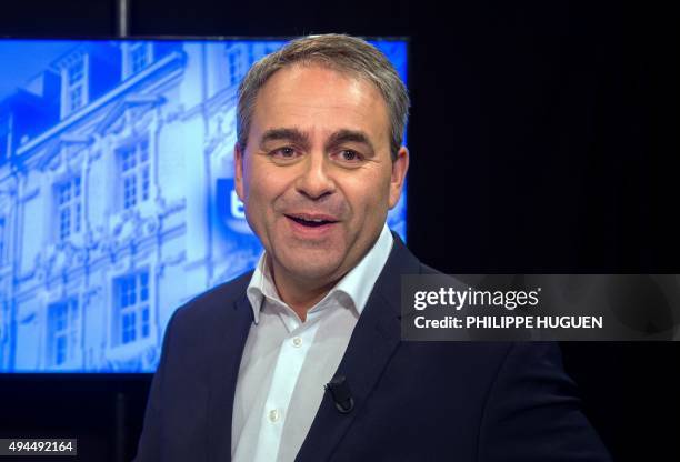 French right-wing The Republicans party candidate for the regional elections in the Nord-Pas-de-Calais-Picardie region Xavier Bertrand poses before a...