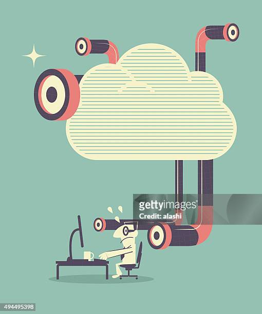 man using computer, being peeked by periscope from cloud - periscope stock illustrations
