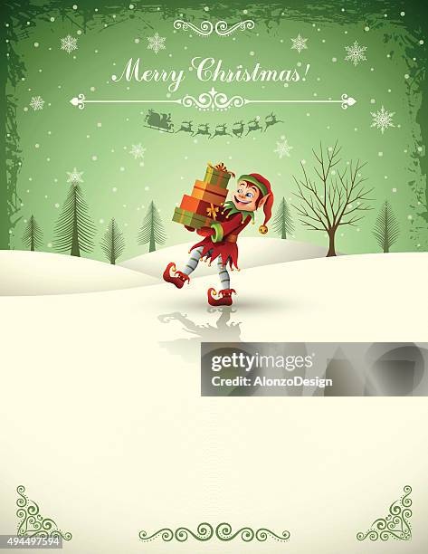 bildbanksillustrationer, clip art samt tecknat material och ikoner med christmas design with santas elf - tree log