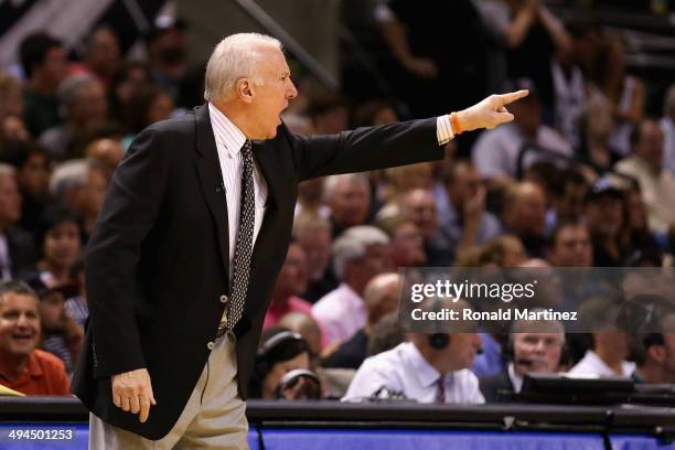 Head coach Gregg Popovich of the San Antonio Spurs reacts on the sideline in the second quarter against the Oklahoma City Thunder during Game Five of...