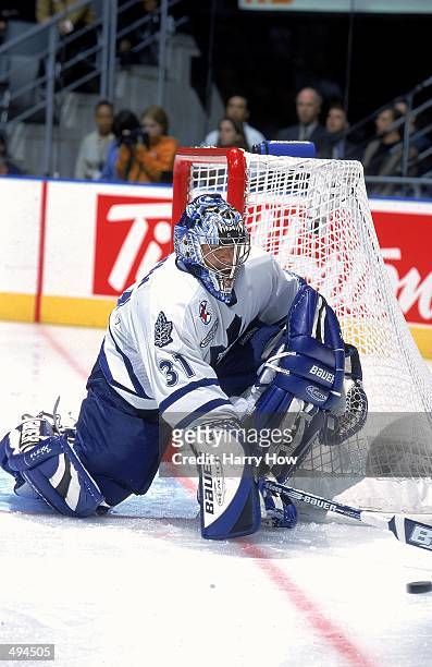 Curtis Joseph of the Toronto Maple Leafs moves to block the puck during the game against the Carolina Panthers at the Air Canada Centre in Toronto,...