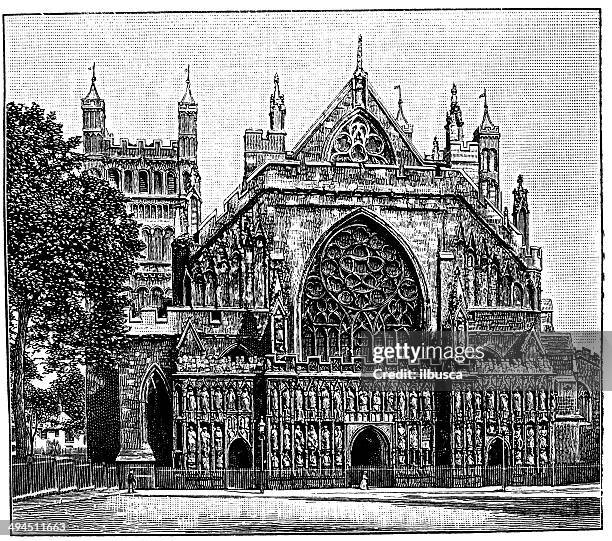 antique illustration of exeter cathedral - exeter cathedral stock illustrations