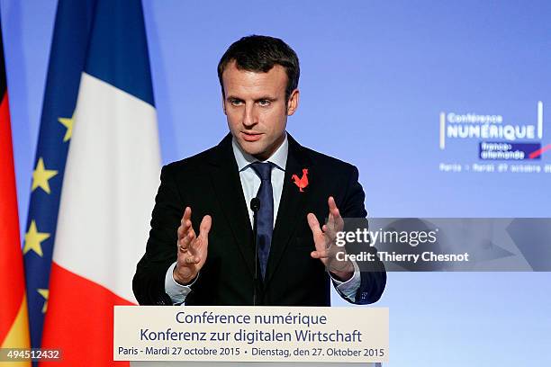 Emmanuel Macron, French Minister of Economy delivers a speech during the France-Germany digital conference at the Elysee palace on October 27, 2015...