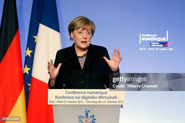 German Federal Chancellor Angela Merkel delivers a speech during the France-Germany digital conference at the Elysee palace on October 27, 2015 in...