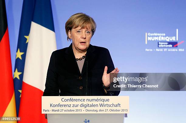 German Federal Chancellor Angela Merkel delivers a speech during the France-Germany digital conference at the Elysee palace on October 27, 2015 in...
