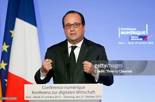 French president Francois Hollande delivers a speech during the France-Germany digital conference at the Elysee palace on October 27, 2015 in Paris,...
