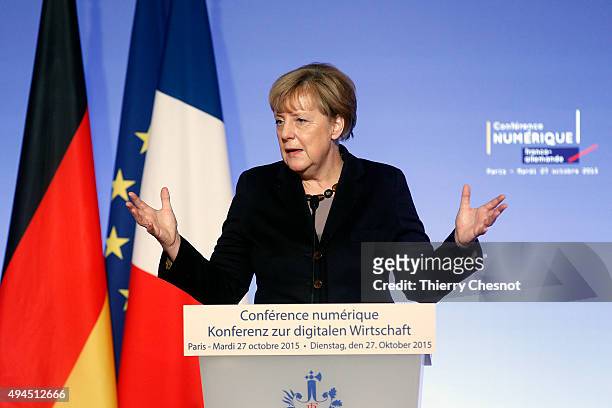 German Federal Chancellor Angela Merkel delivers a speech during the France-Germany digital conference at the Elysee palace on October 27, 2015 in...