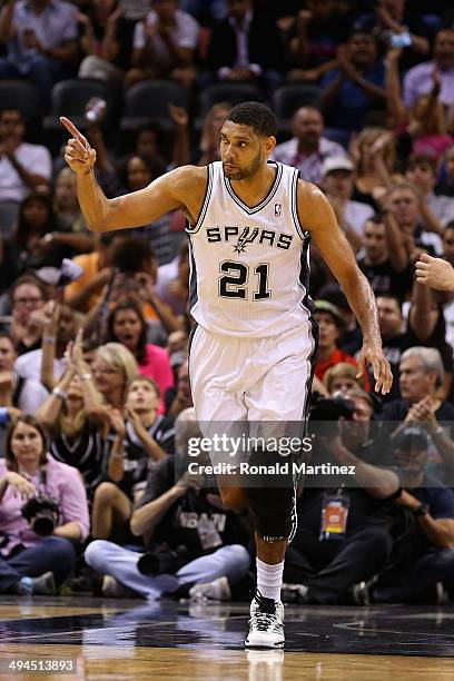 Tim Duncan of the San Antonio Spurs reacts after a play in the third quarter against the Oklahoma City Thunder during Game Five of the Western...