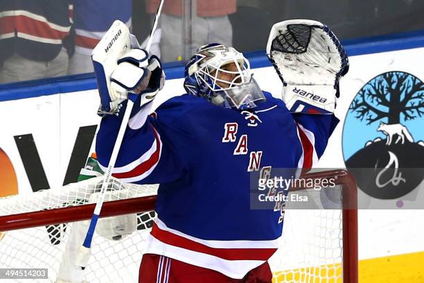 Henrik Lundqvist of the New York Rangers celebrates after defeating the Montreal Canadiens in Game Six of the Eastern Conference Final in the 2014...