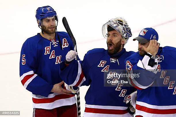 Henrik Lundqvist of the New York Rangers celebrates after defeating the Montreal Canadiens in Game Six to win the Eastern Conference Final in the...