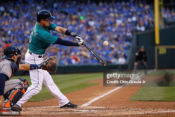 Cole Gillespie of the Seattle Mariners bats against the Houston Astros at Safeco Field on May 23, 2014 in Seattle, Washington.